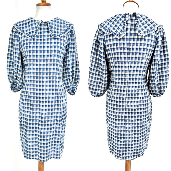 JESSAKAE Jessy Jane Gingham Blue Check Prairie Puff Sleeve Collared Dress NWT - Picture 2 of 6